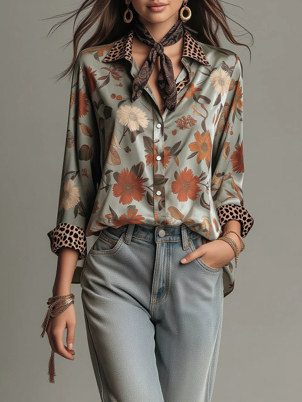 Sage Green Floral Leopard Patchwork Satin Long Sleeve Shirt