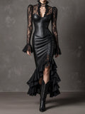 Black Lace Spliced Leather Corset Asymmetric Mermaid Skirt Set