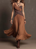 Caramel Asymmetric One-Shoulder Lace Spliced Ruffle Hem Chiffon Maxi Dress