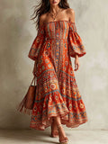 Off-Shoulder Floral Border Print Tiered Maxi Dress