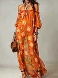 Off-Shoulder Tulip Print Chiffon Maxi Dress