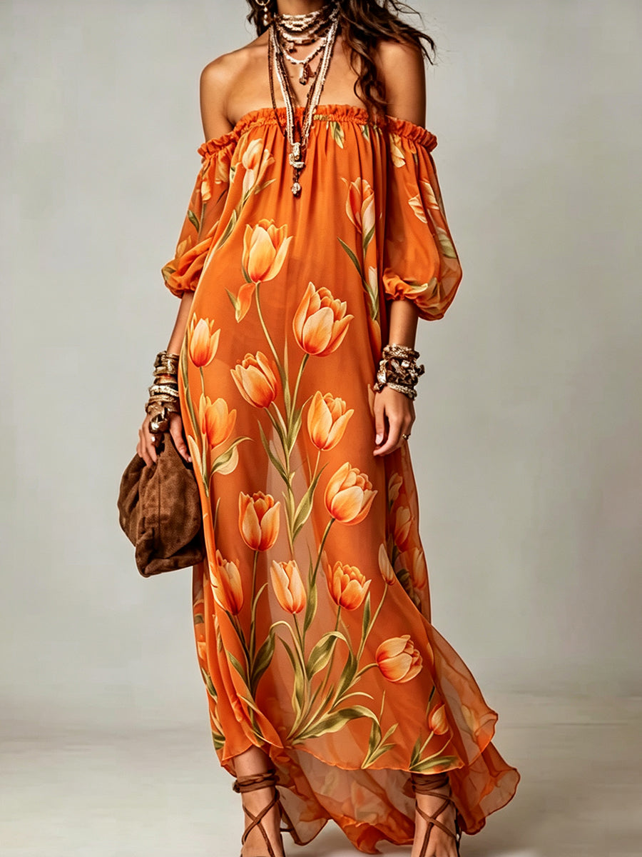 Off-Shoulder Tulip Print Chiffon Maxi Dress