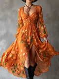 Deep V-Neck Tulip Print Long Sleeve Maxi Dress
