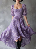 Square Neck Puff Sleeve Ditsy Floral Maxi Dress