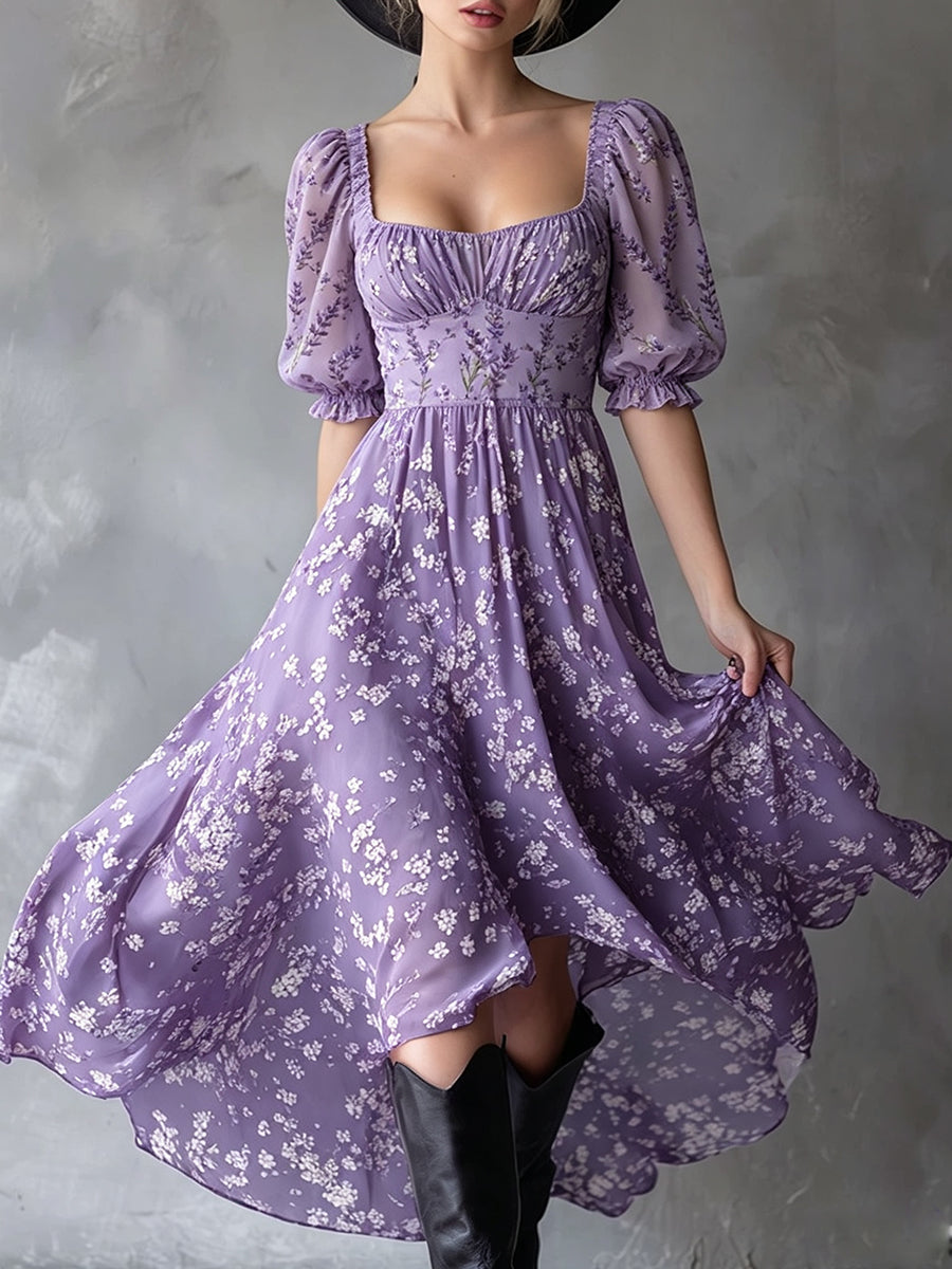 Square Neck Puff Sleeve Ditsy Floral Maxi Dress