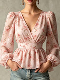 V-Neck Wrap Floral Chiffon Peplum Blouse