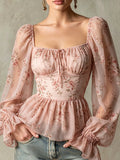 Square Neck Tie-Front Floral Chiffon Peplum Blouse