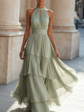 Halter Neck Tiered Ruffle Chiffon Maxi Dress