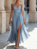 Wrap Tie-Waist Spaghetti Strap Chiffon Dress