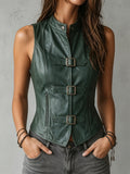 Buckle Detail Stand Collar Faux Leather Vest