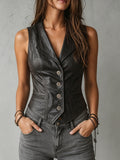 Notched Lapel Button-Front Faux Leather Vest