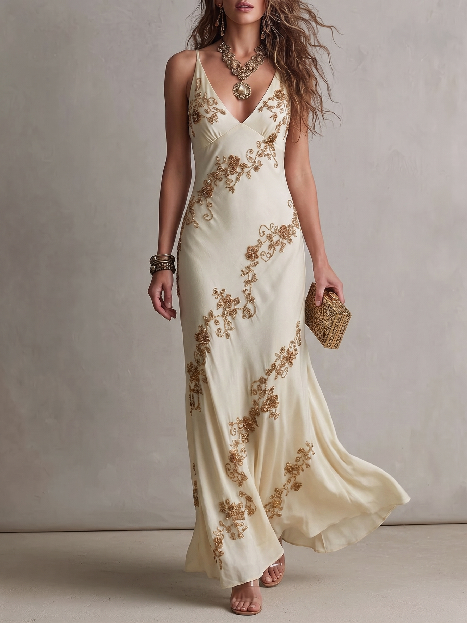 Gold Embroidered Spaghetti Strap V-Neck Bias Cut Dress