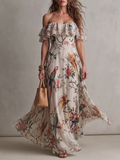 Off-Shoulder Ruffled Parrot And Floral Print Maxi Dress