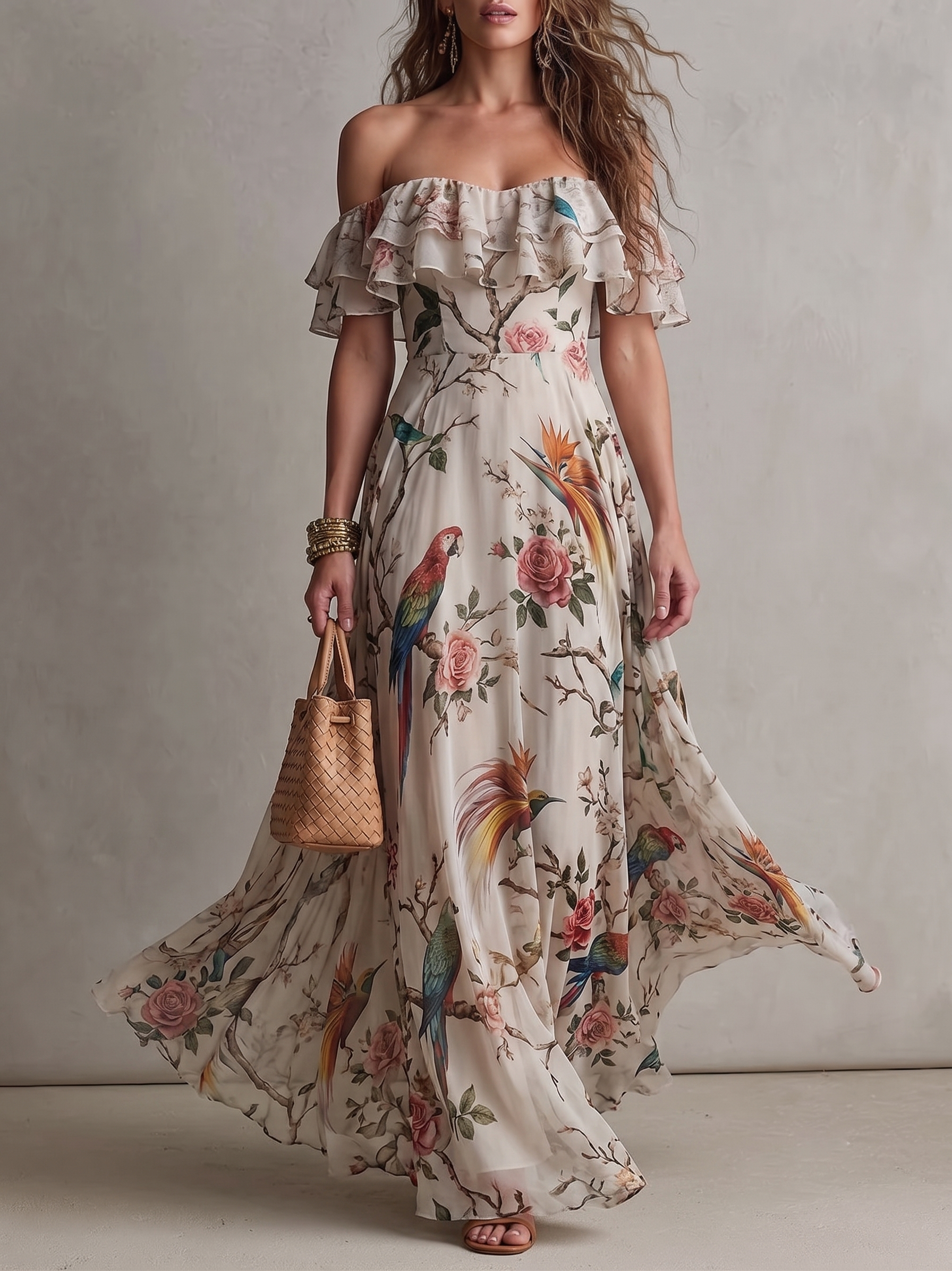Off-Shoulder Ruffled Parrot And Floral Print Maxi Dress