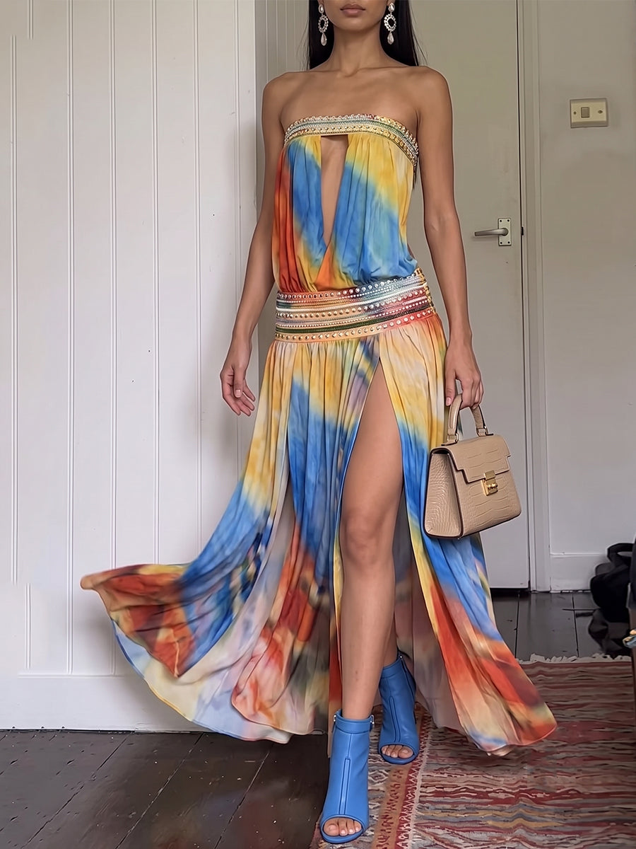Strapless Tie-Dye Cutout High Slit Embellished Dress