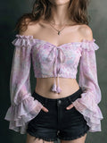 Ruffle Off-Shoulder Tassel Tie Crop Top