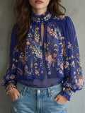 Embroidered Floral Ruffled High Neck Sheer Blouse