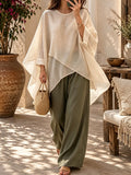 Cream White Poncho Top And Olive Green Pants Set