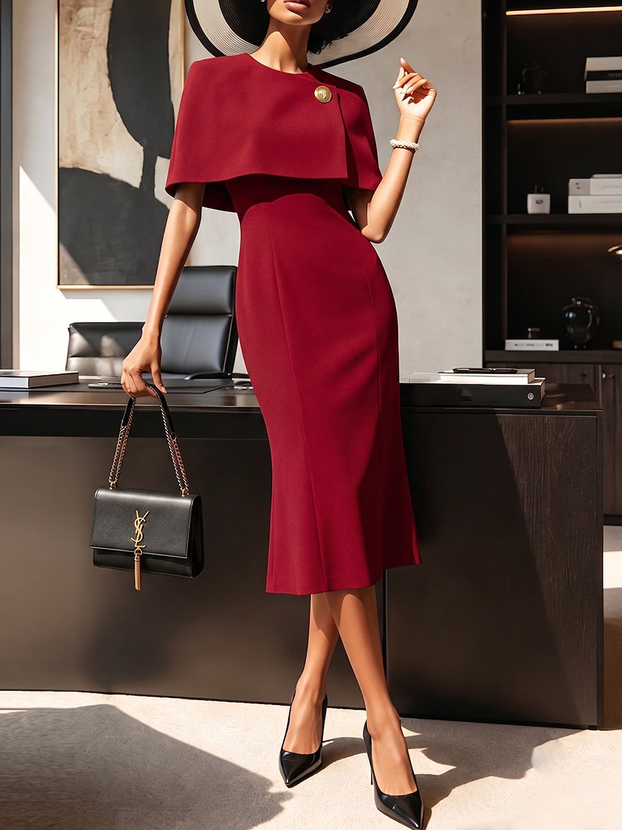 Burgundy Cape Detail Midi Dress