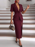 Burgundy Short-Sleeve Blazer and High-Slit Skirt Set