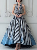Abstract Swirl Halter Belted Maxi Dress