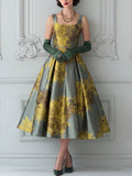 Satin Floral Print Square Neck A-Line Dress