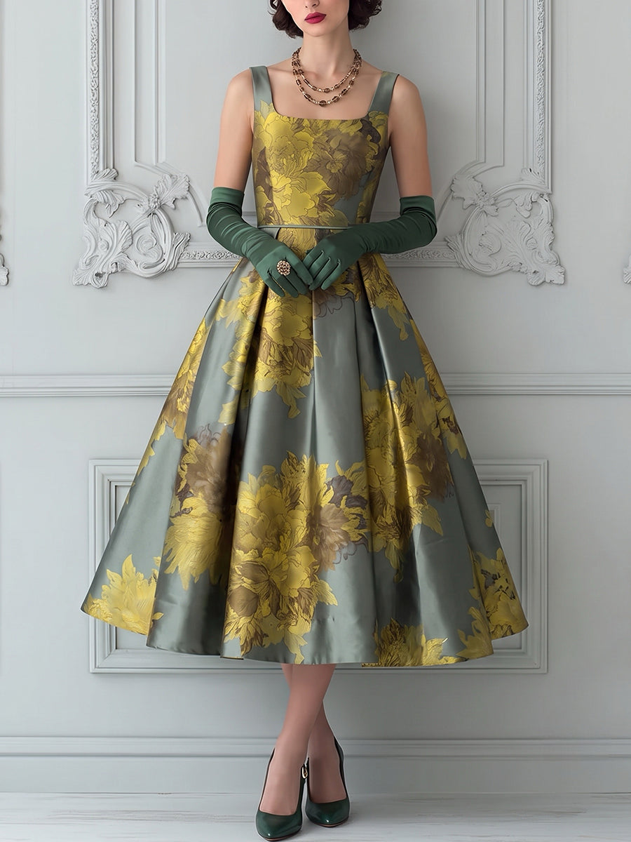 Satin Floral Print Square Neck A-Line Dress