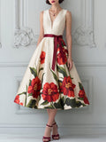 White Red Floral Bow Waist Midi Dress