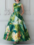 Green Abstract Floral Sleeveless Belted Midi Dress