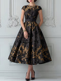 Black Gold Leaf Brocade A-Line Midi Dress