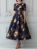 Navy And Gold Floral Puff Sleeve Midi Dress
