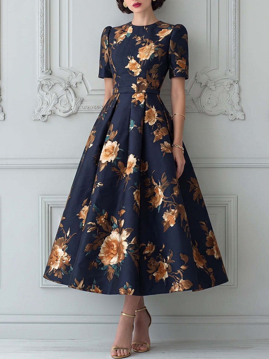 Navy And Gold Floral Puff Sleeve Midi Dress
