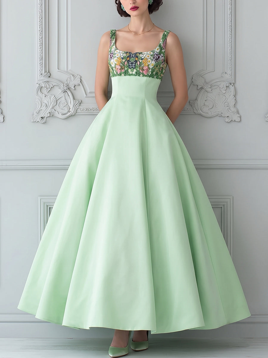 Mint Green Embroidered Bodice Maxi Dress