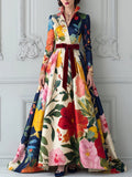 Colorful Floral Long-Sleeve Satin Maxi Dress