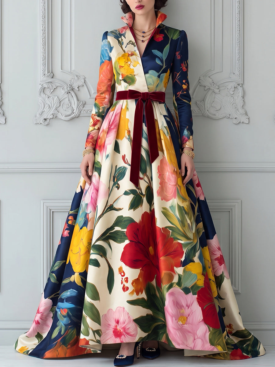 Colorful Floral Long-Sleeve Satin Maxi Dress