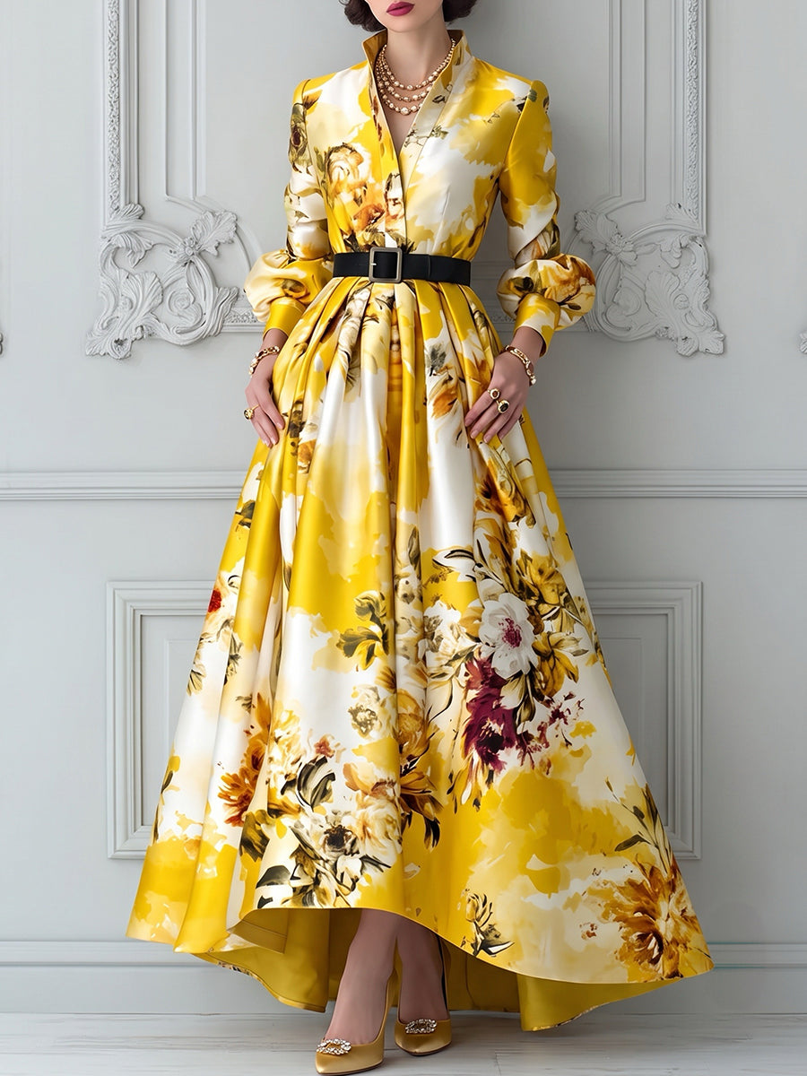 Yellow Floral Belted High-Low Hem Dress