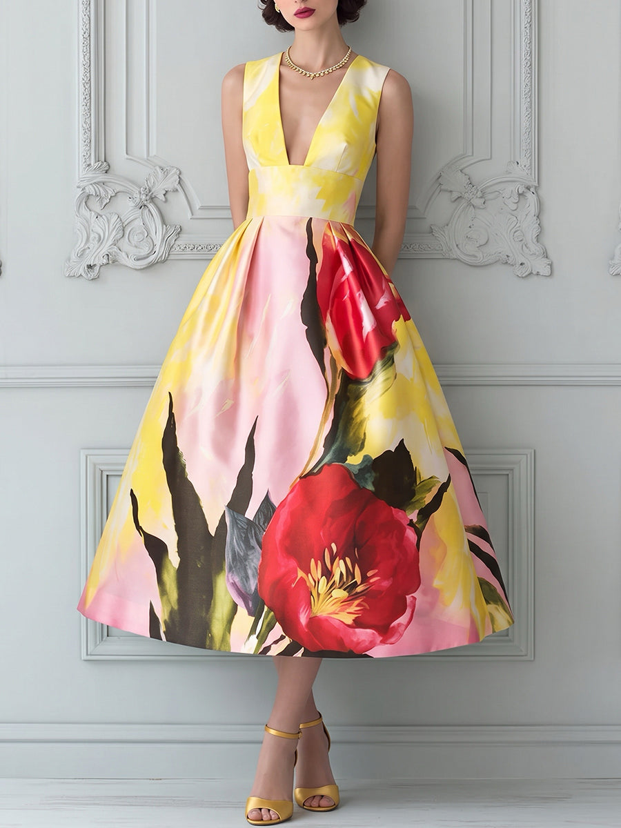 Yellow Sleeveless Red Floral Midi Dress