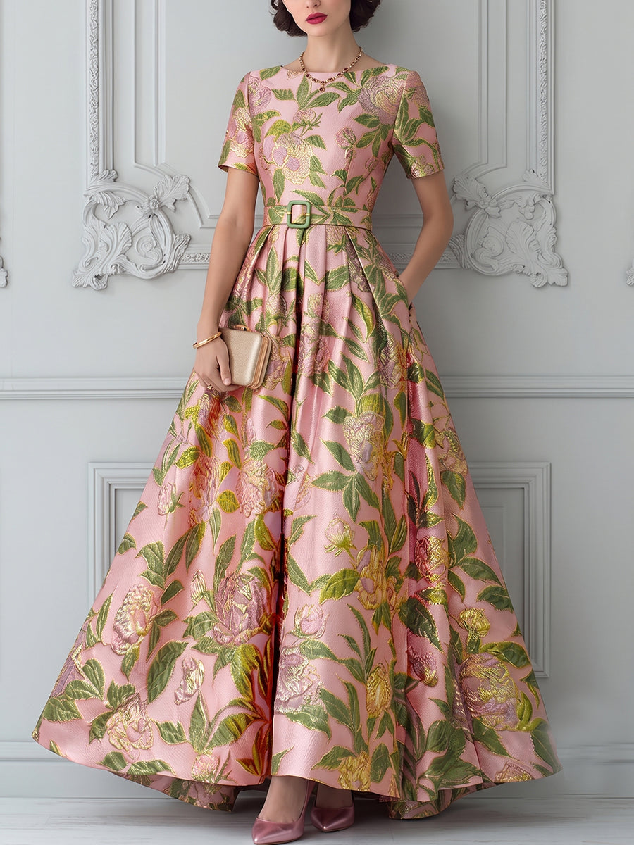 Pink Metallic Floral A-Line Dress