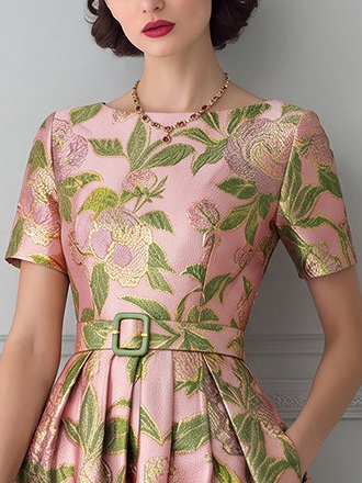 Pink Metallic Floral A-Line Dress