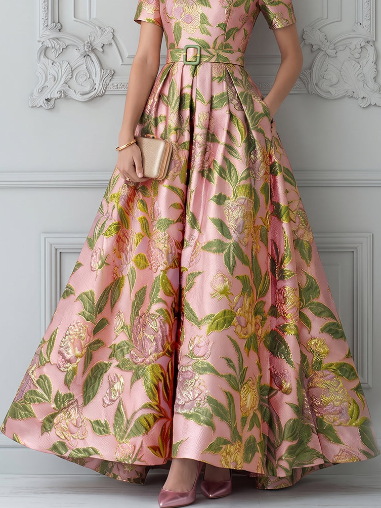 Pink Metallic Floral A-Line Dress
