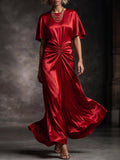 Red Cape Sleeve Ruched Waist Satin Gown