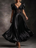 Black Lace Puff Sleeve Satin Gown