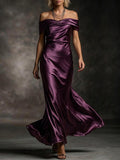 Plum Off-Shoulder Draped Satin Gown