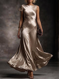 Champagne One-Shoulder Bow Seam Satin Gown