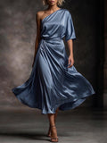 Dusty Blue One-Shoulder Draped Satin Midi Dress