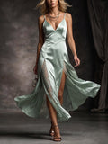 Sage Green Lace Insert Double Slit Satin Gown