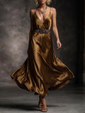 Bronze Gold Deep V Belted Satin Maxi Dress