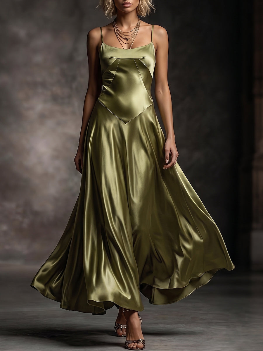 Olive Green Structured Corset Satin Maxi Dress