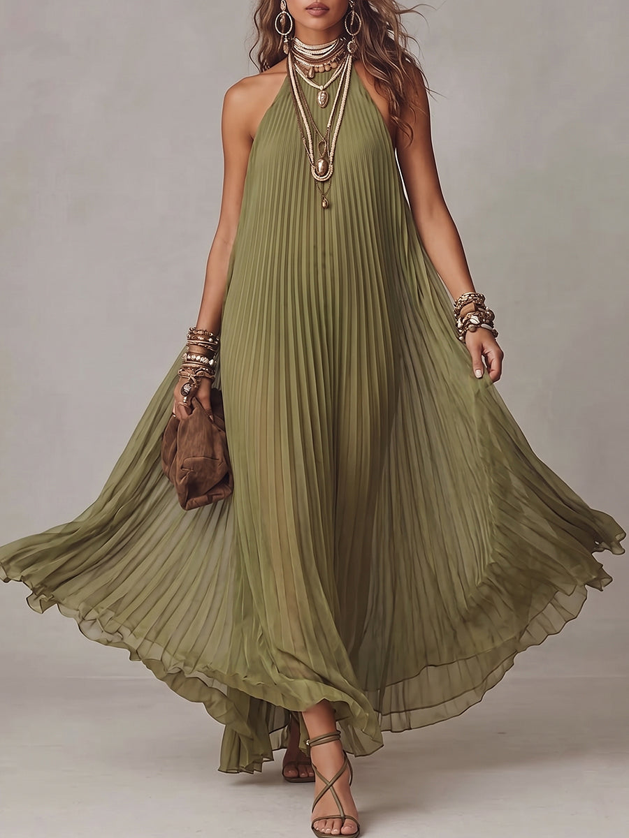 Olive Green Pleated Halter Maxi Dress