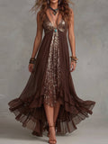 Brown Sequin Fringe Deep V-Neck Maxi Dress